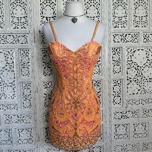 Rachel Allan Orange Creamsicle Beaded Sequin Fairycore Fitted Homecoming Dress